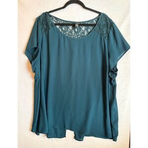 Torrid 4 Teal Lace Yoke Split Back Blouse Top Plus Size 4x 26